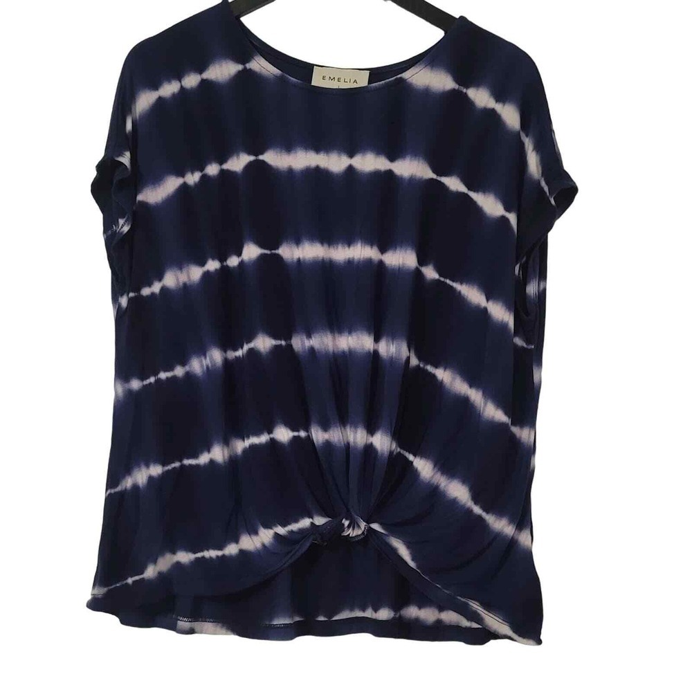 Emelia Top Large Blue White Short Sleeve Twist Knot Casual Crew Tie Dye Stripe‎